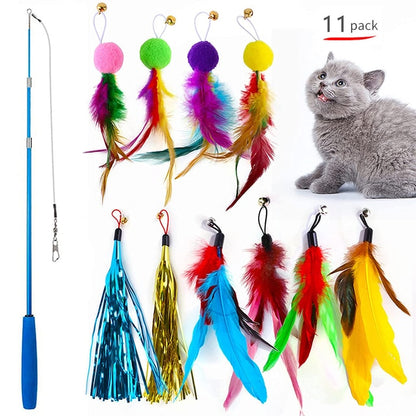 Feather Wand Retractable Fishing Pole Cat Toy Set