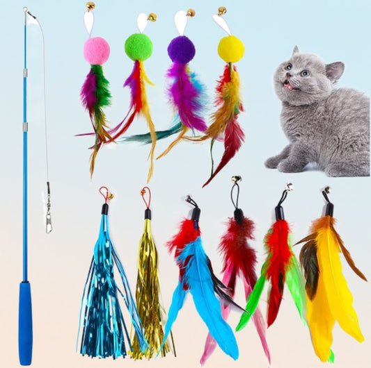 Feather Wand Retractable Fishing Pole Cat Toy Set